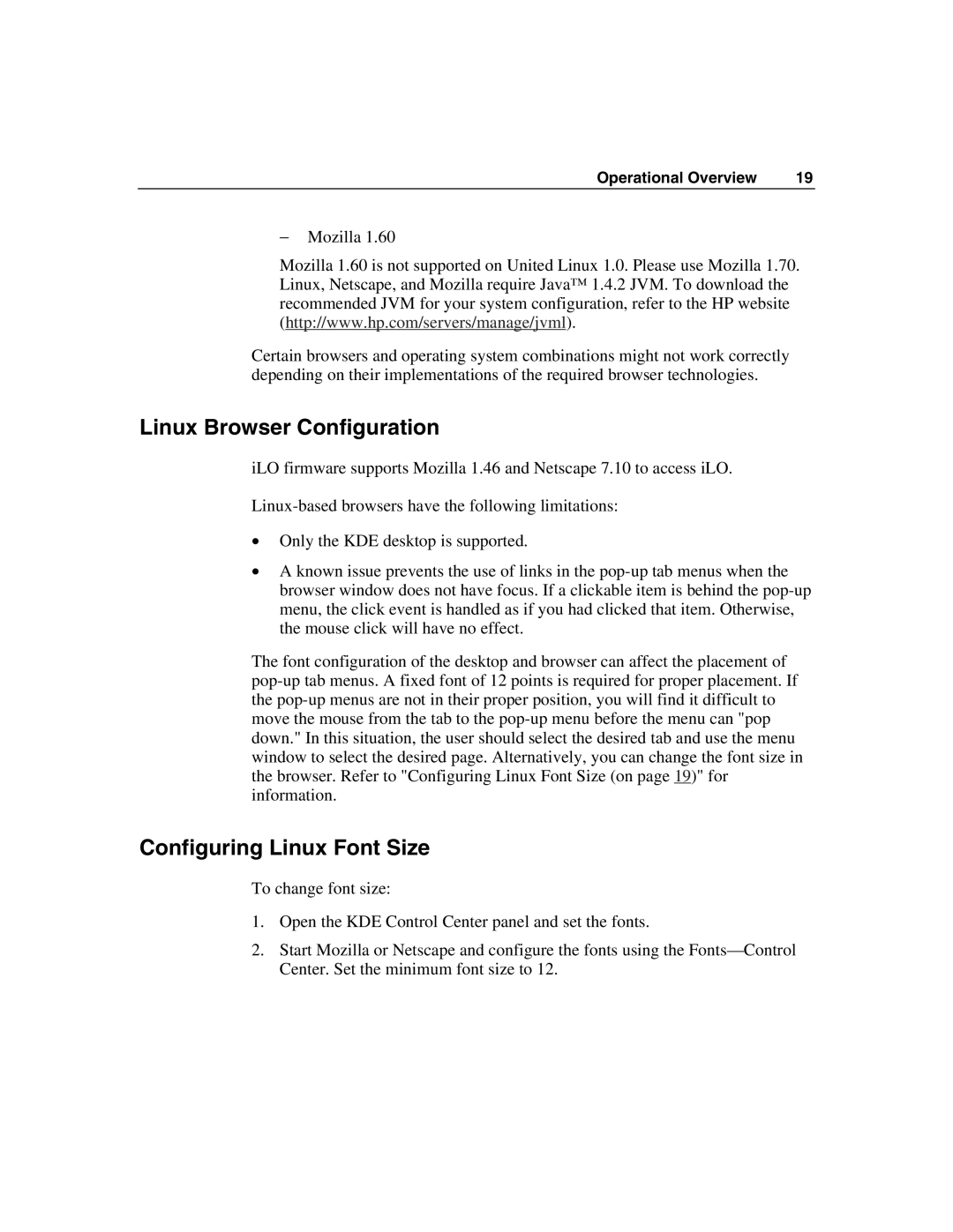 HP Integrated Lights-Out manual Linux Browser Configuration, Configuring Linux Font Size 