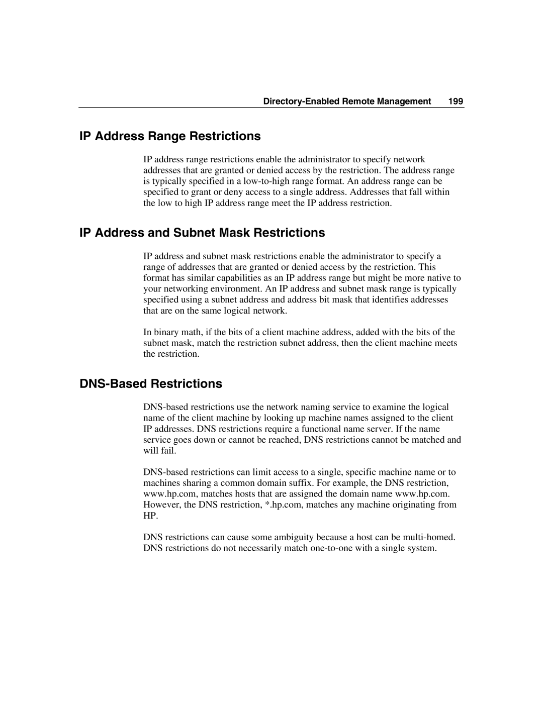 HP Integrated Lights-Out IP Address Range Restrictions, IP Address and Subnet Mask Restrictions, DNS-Based Restrictions 