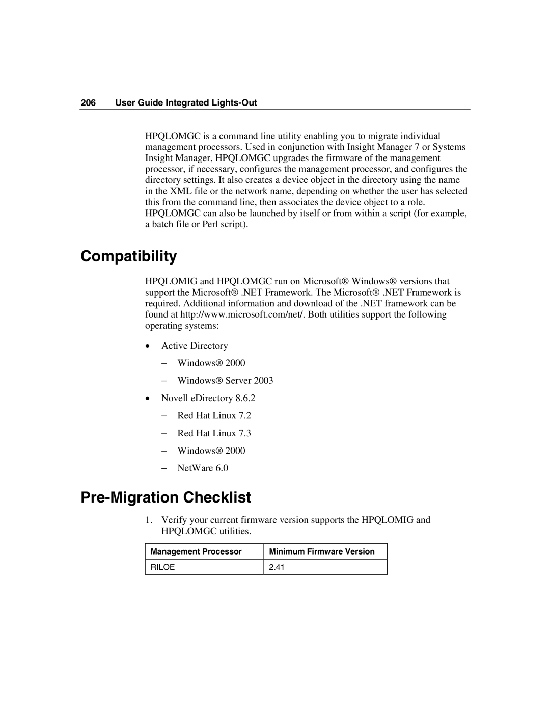 HP Integrated Lights-Out manual Compatibility, Pre-Migration Checklist 