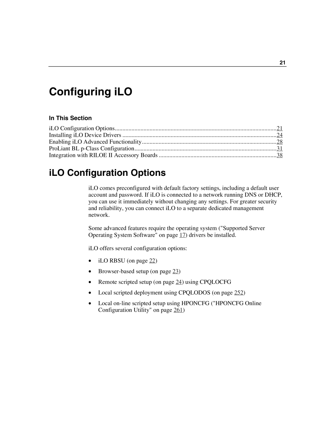 HP Integrated Lights-Out manual Configuring iLO, ILO Configuration Options 