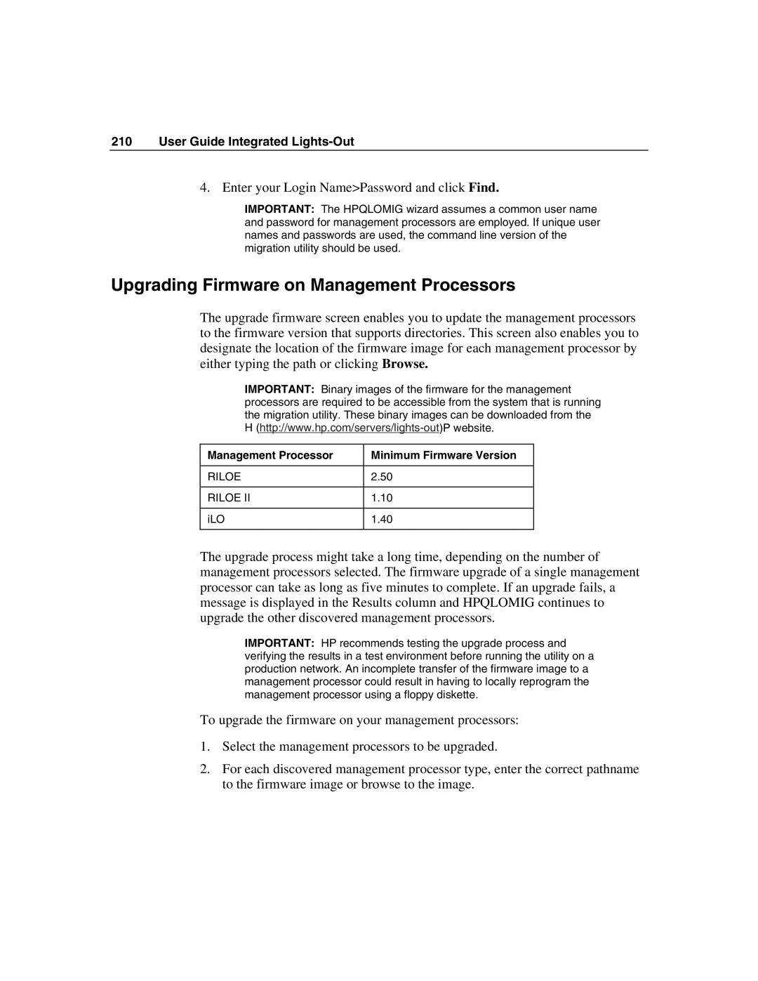 HP Integrated Lights-Out manual Upgrading Firmware on Management Processors, Enter your Login NamePassword and click Find 