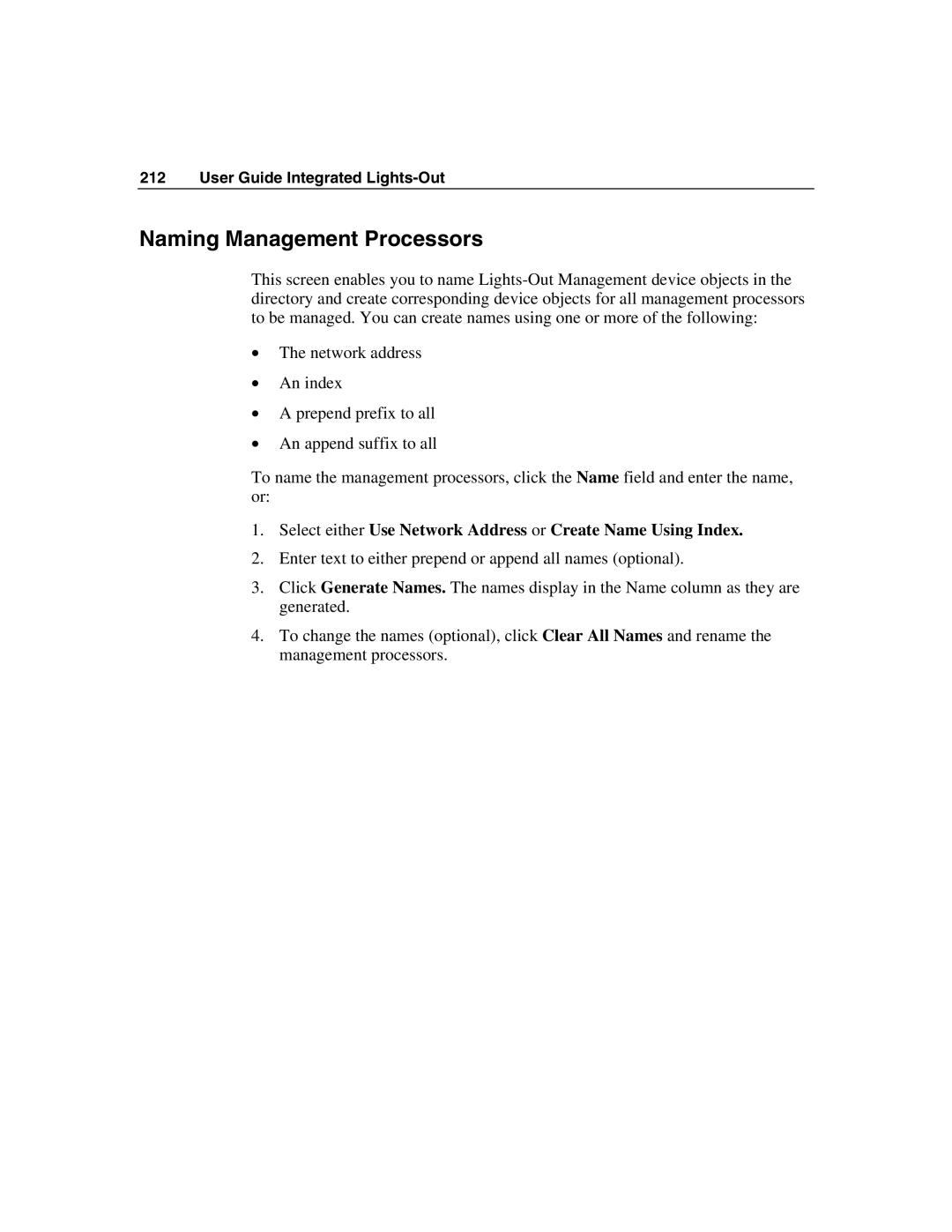 HP Integrated Lights-Out manual Naming Management Processors, Select either Use Network Address or Create Name Using Index 