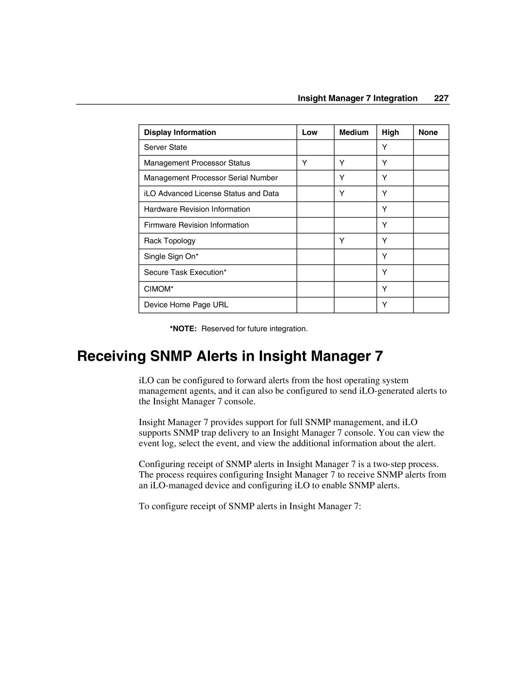 HP Integrated Lights-Out manual Receiving Snmp Alerts in Insight Manager, Insight Manager 7 Integration 227 