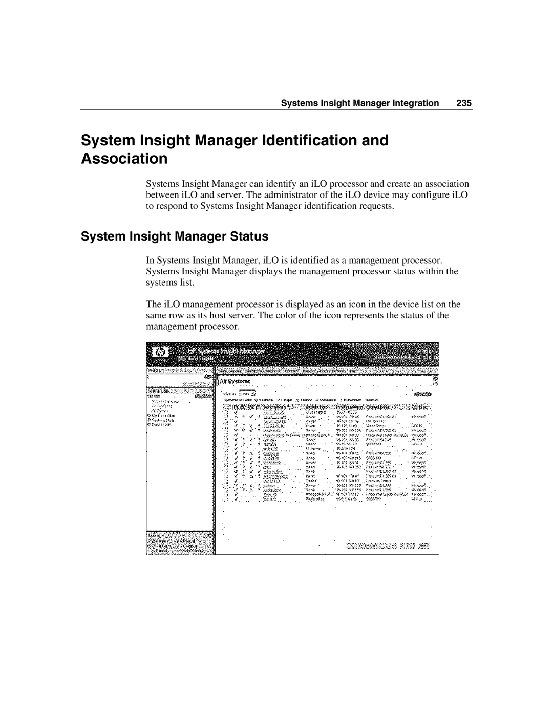 HP Integrated Lights-Out manual System Insight Manager Identification and Association, System Insight Manager Status 