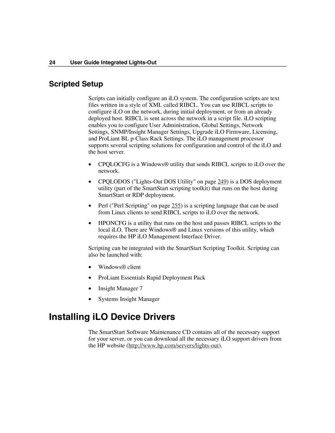 HP Integrated Lights-Out manual Installing iLO Device Drivers, Scripted Setup 