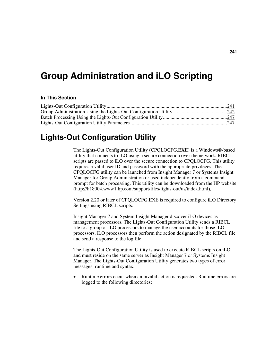 HP Integrated Lights-Out manual Group Administration and iLO Scripting, Lights-Out Configuration Utility 