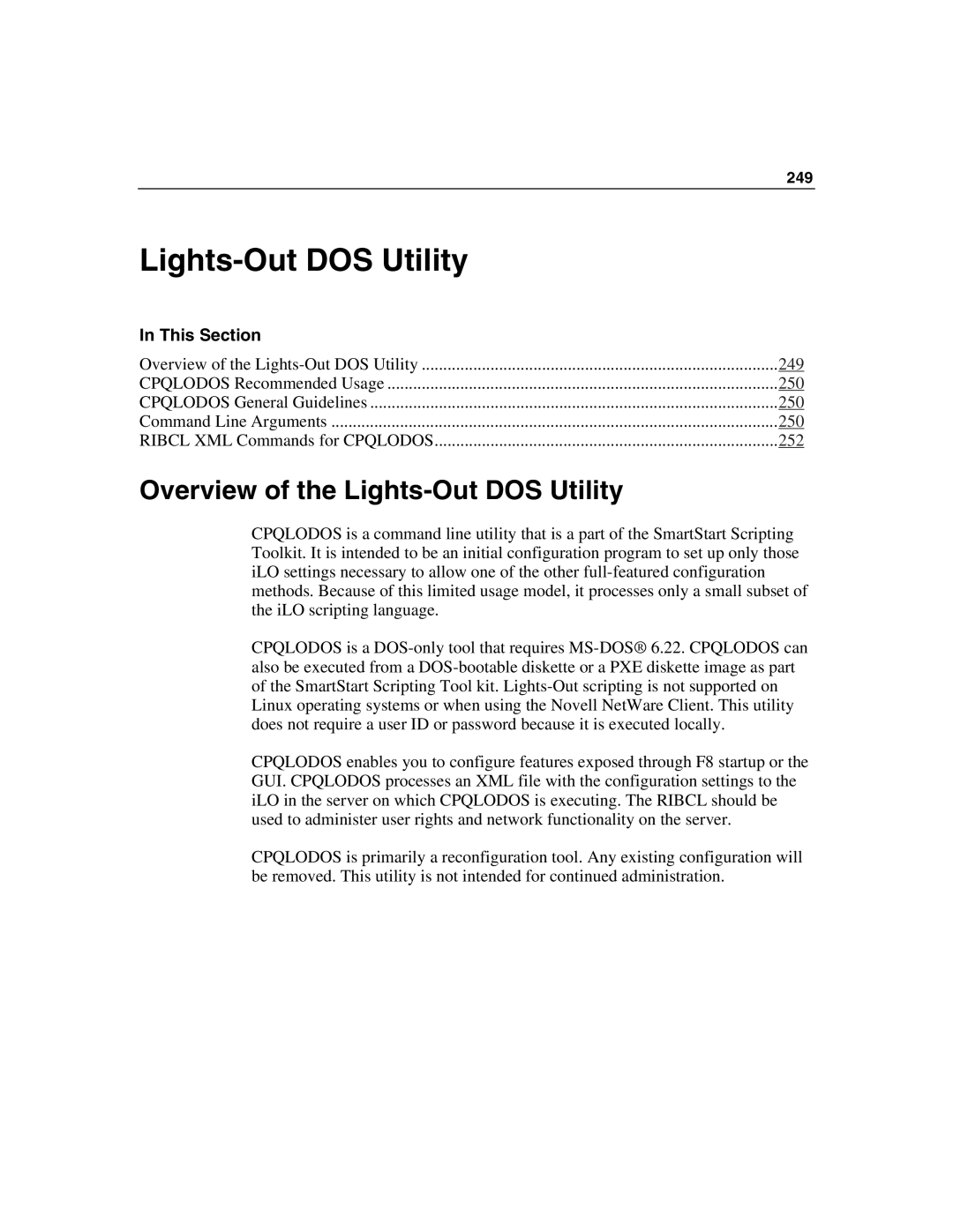 HP Integrated Lights-Out manual Overview of the Lights-Out DOS Utility 