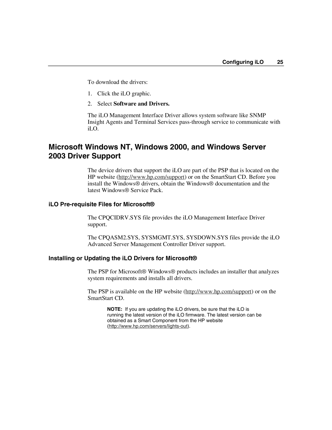 HP Integrated Lights-Out manual Select Software and Drivers, ILO Pre-requisite Files for Microsoft 