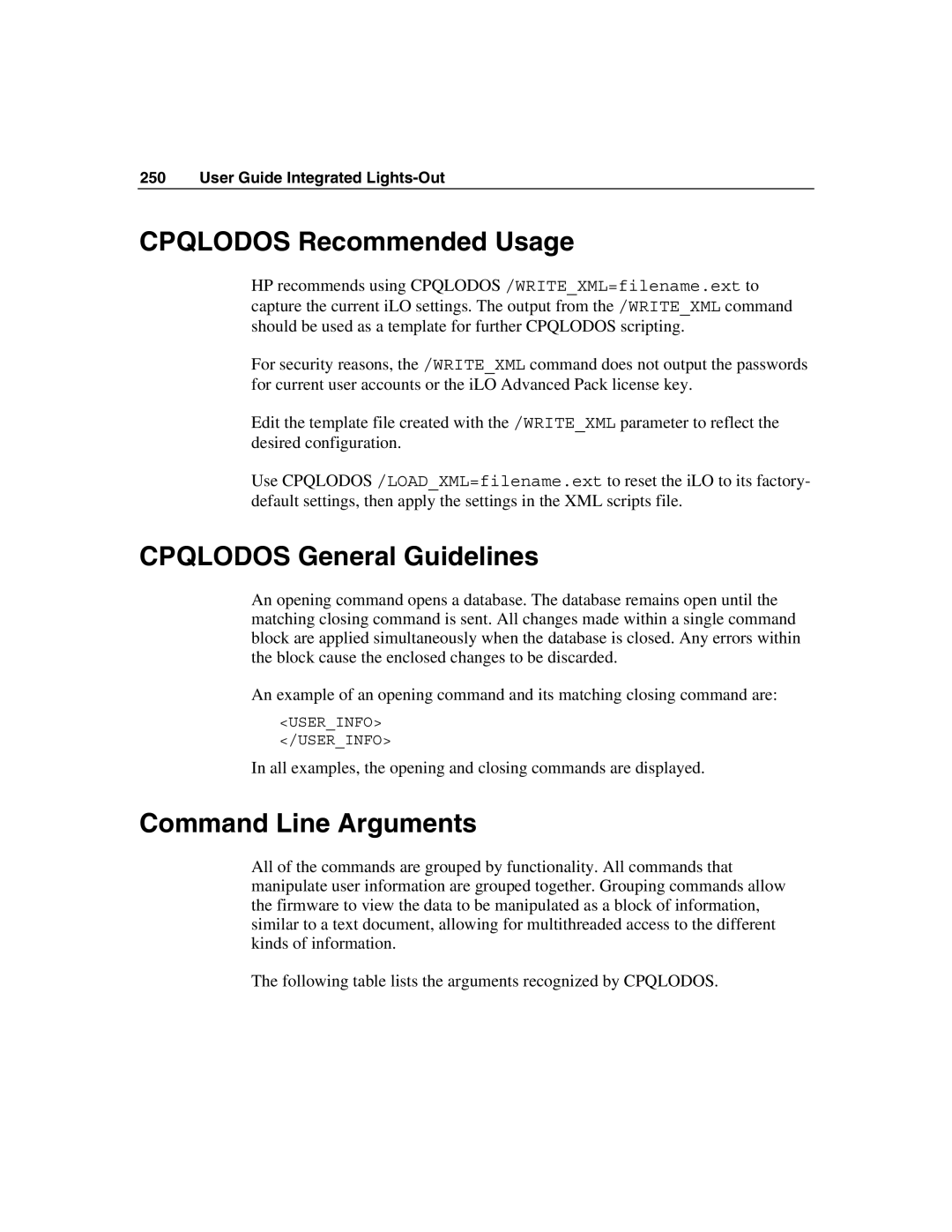 HP Integrated Lights-Out manual Cpqlodos Recommended Usage, Cpqlodos General Guidelines, Command Line Arguments 