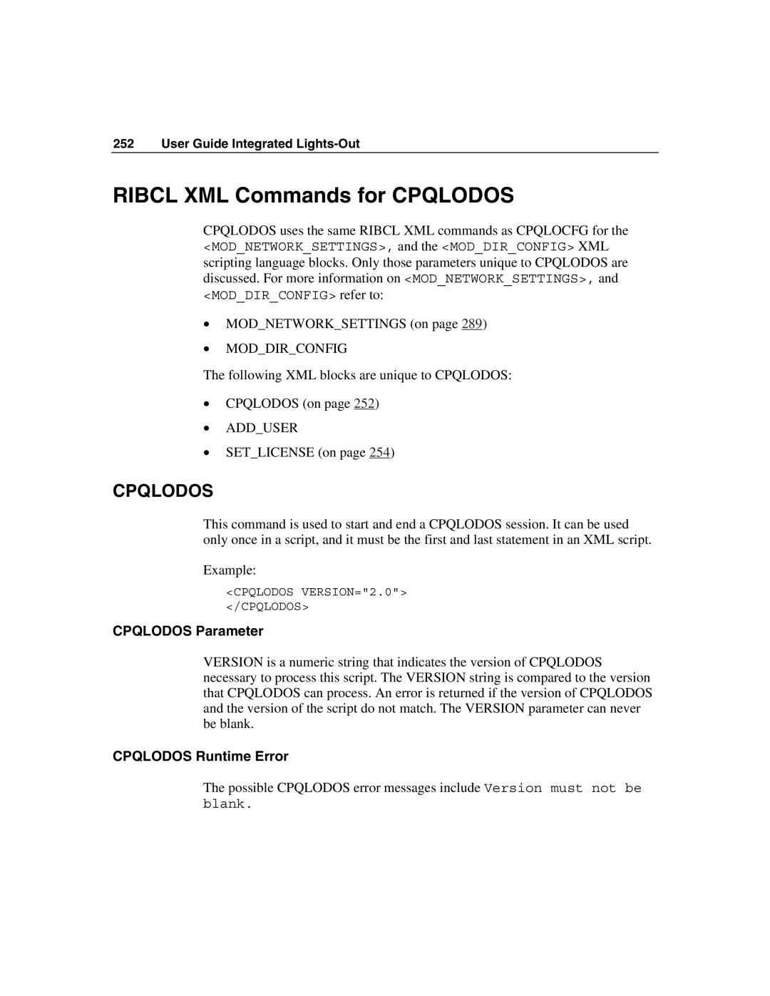 HP Integrated Lights-Out manual Ribcl XML Commands for Cpqlodos, Cpqlodos Parameter, Cpqlodos Runtime Error 