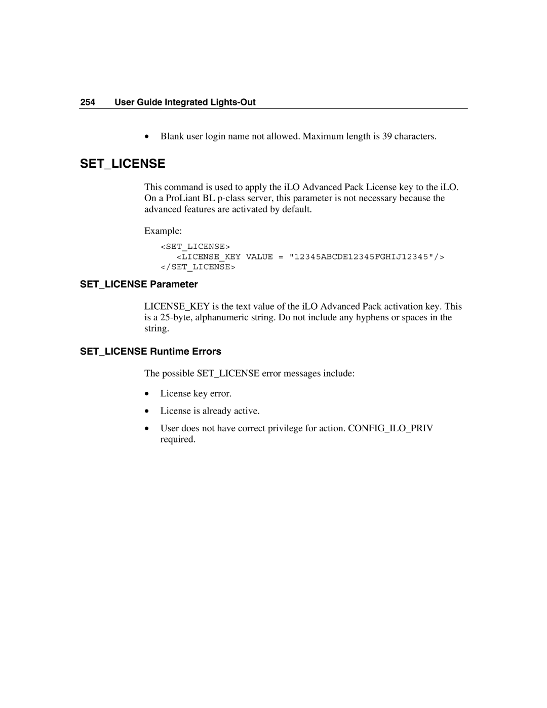 HP Integrated Lights-Out manual Setlicense Parameter, Setlicense Runtime Errors 