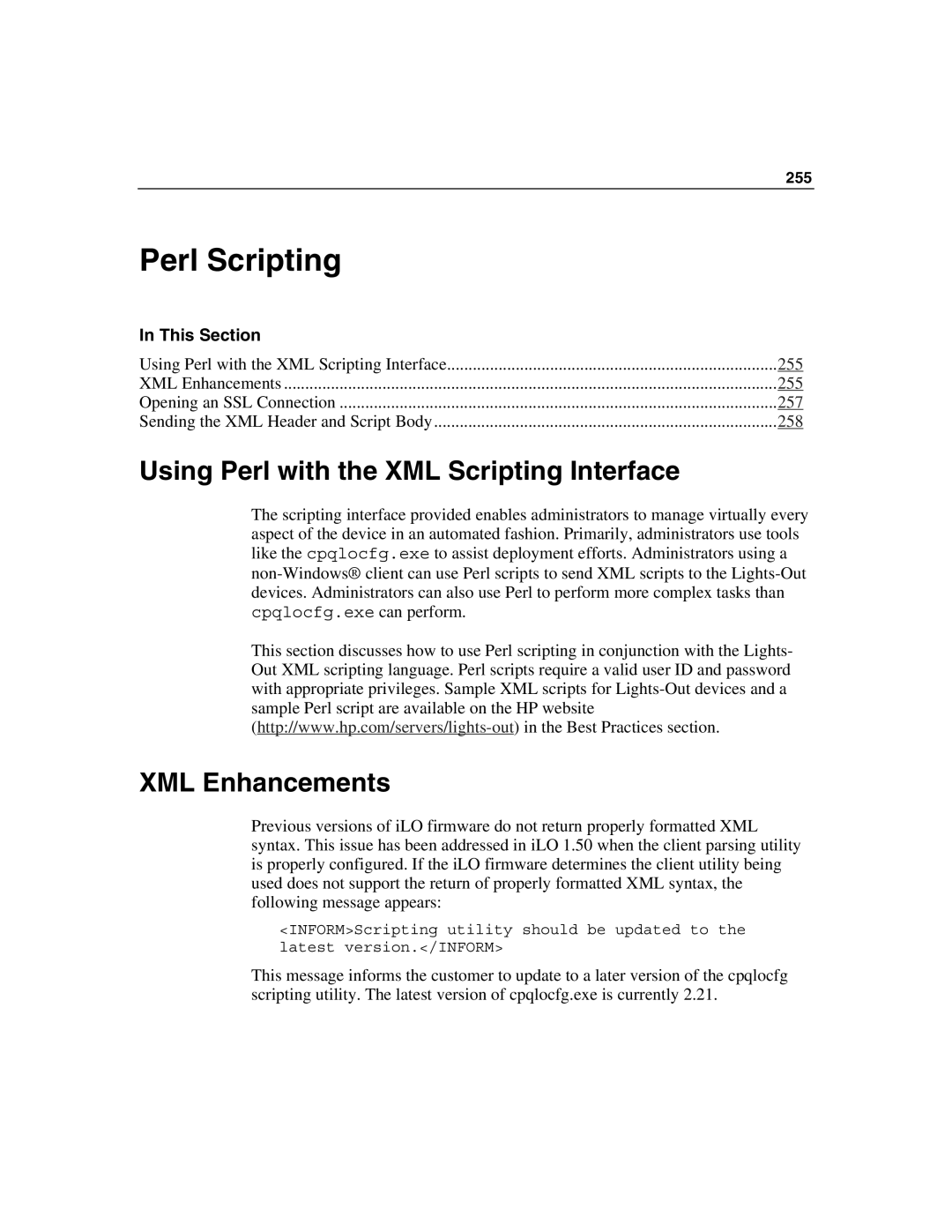 HP Integrated Lights-Out manual Perl Scripting, Using Perl with the XML Scripting Interface, XML Enhancements 