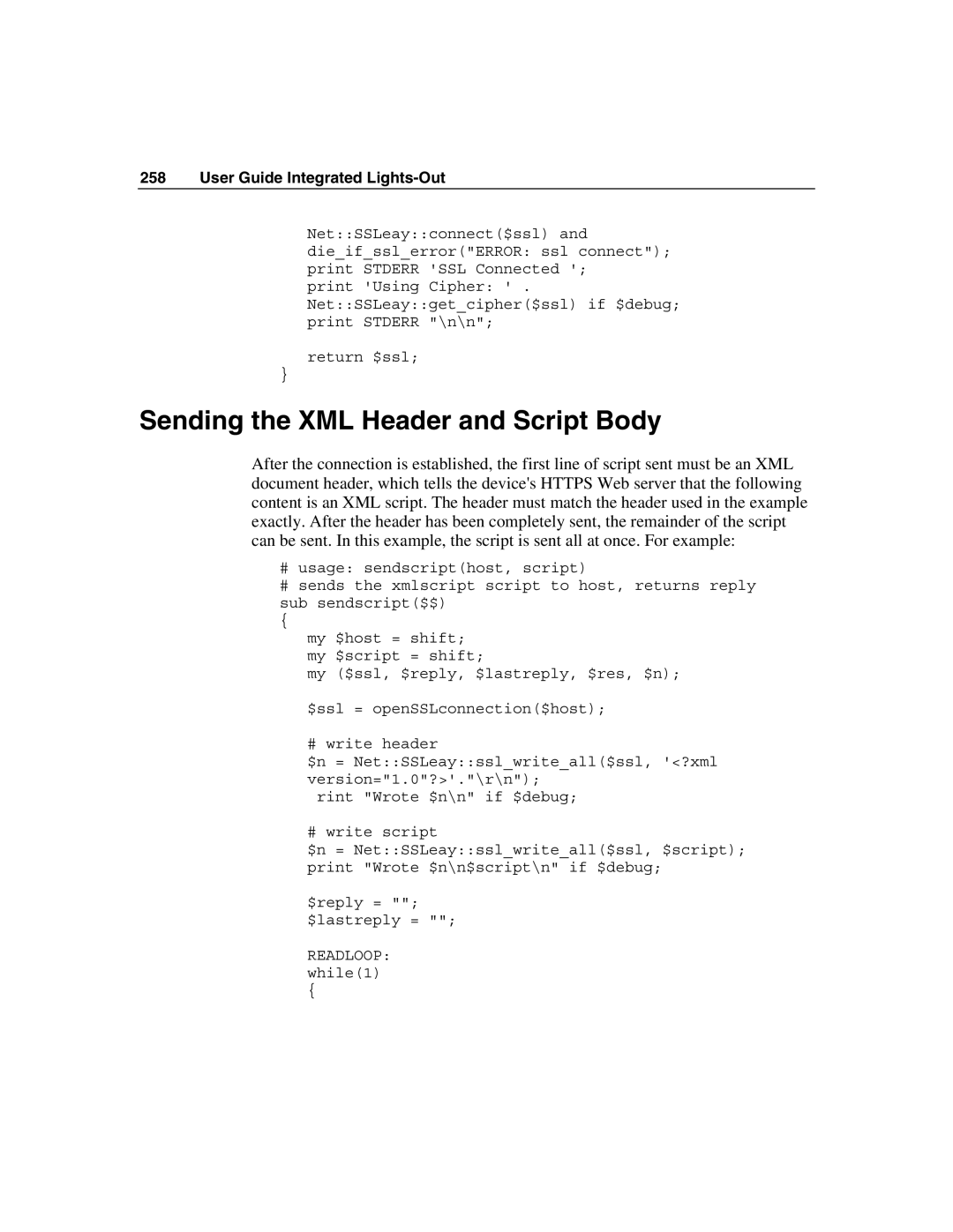 HP Integrated Lights-Out manual Sending the XML Header and Script Body 