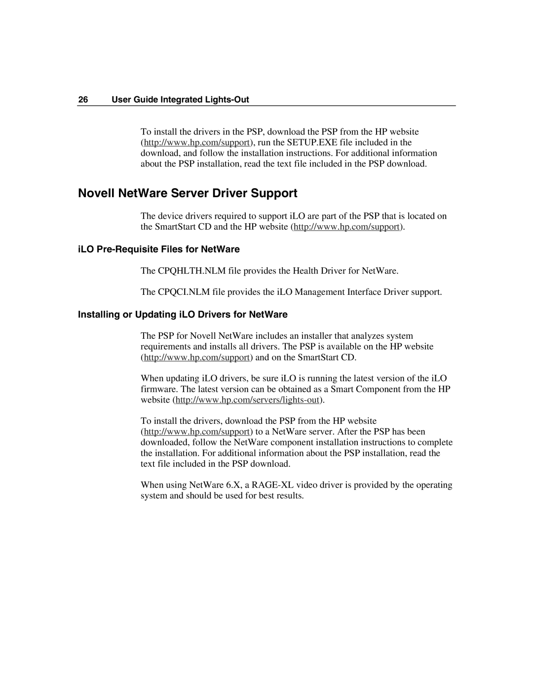 HP Integrated Lights-Out manual Novell NetWare Server Driver Support, ILO Pre-Requisite Files for NetWare 