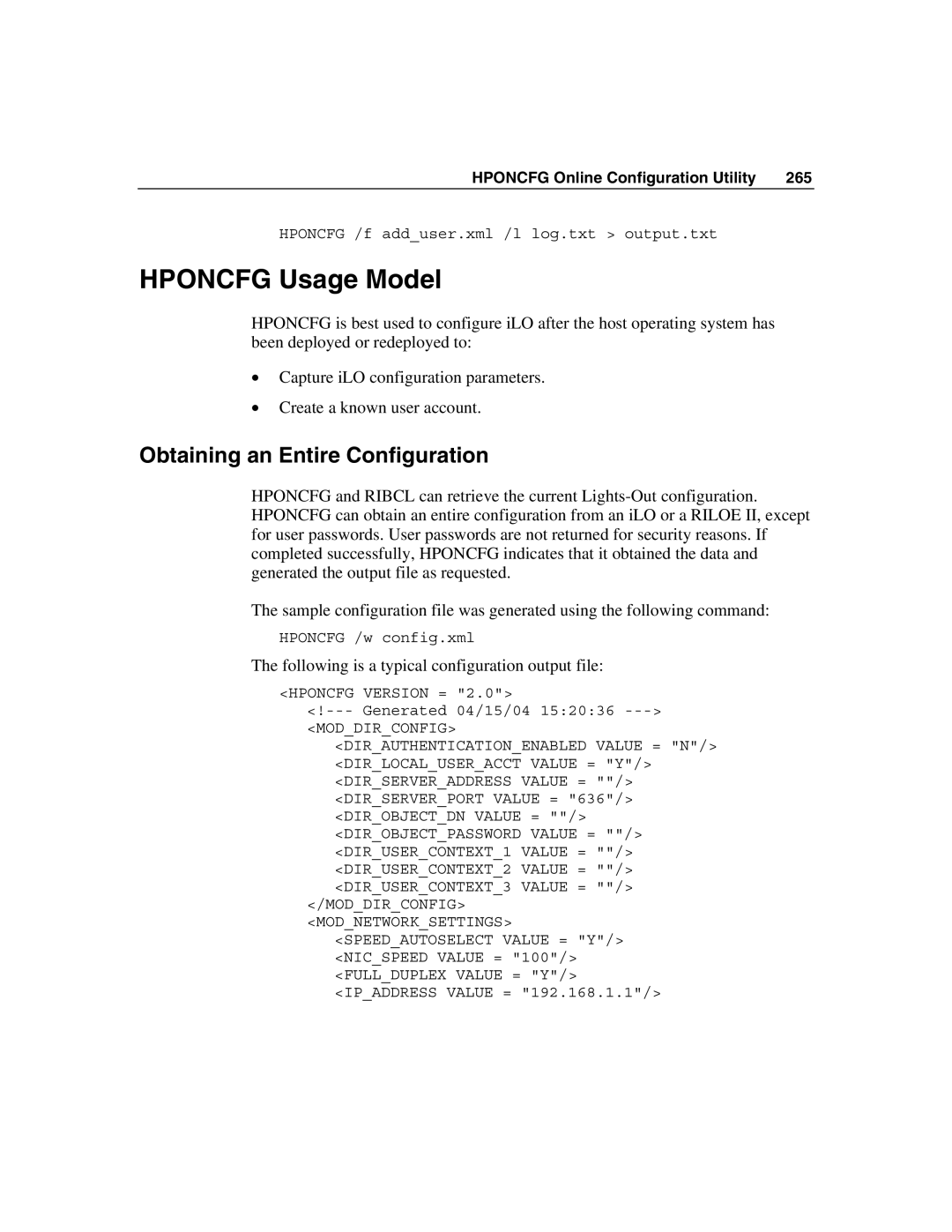 HP Integrated Lights-Out manual Hponcfg Usage Model, Obtaining an Entire Configuration 