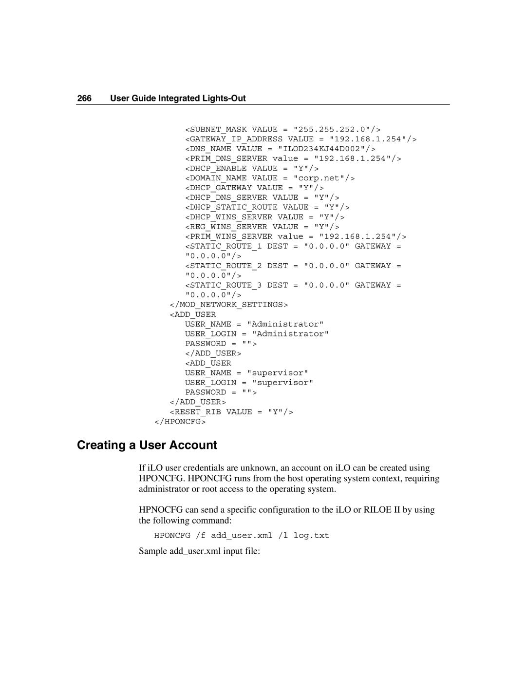 HP Integrated Lights-Out manual Creating a User Account, Sample adduser.xml input file 