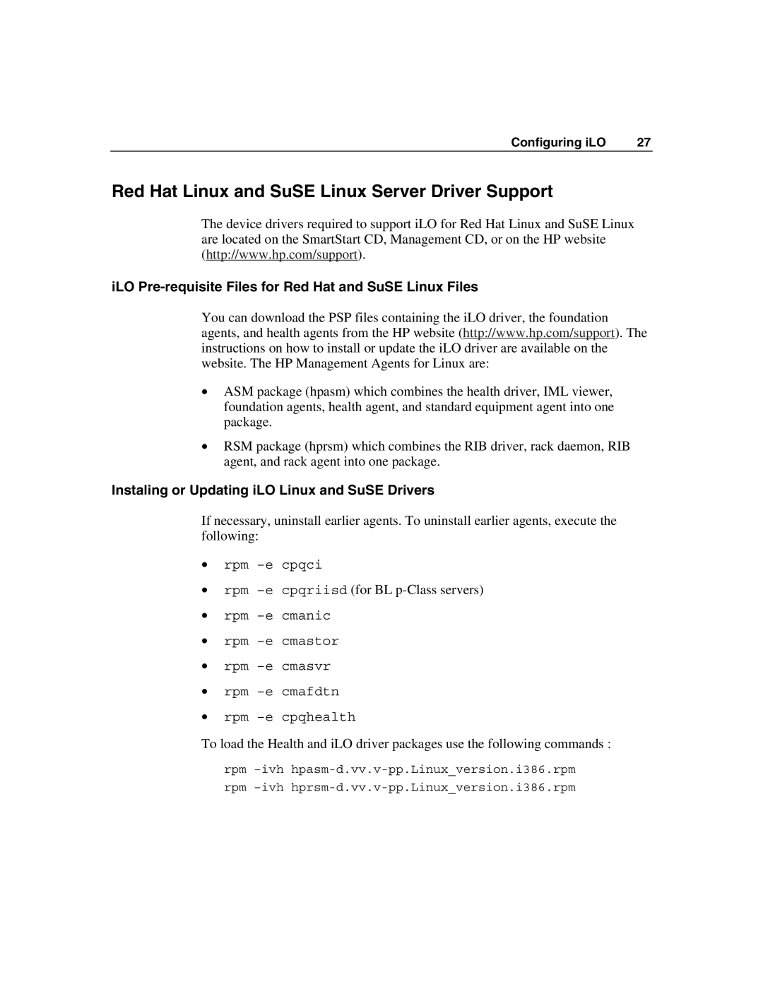 HP Integrated Lights-Out manual Red Hat Linux and SuSE Linux Server Driver Support 