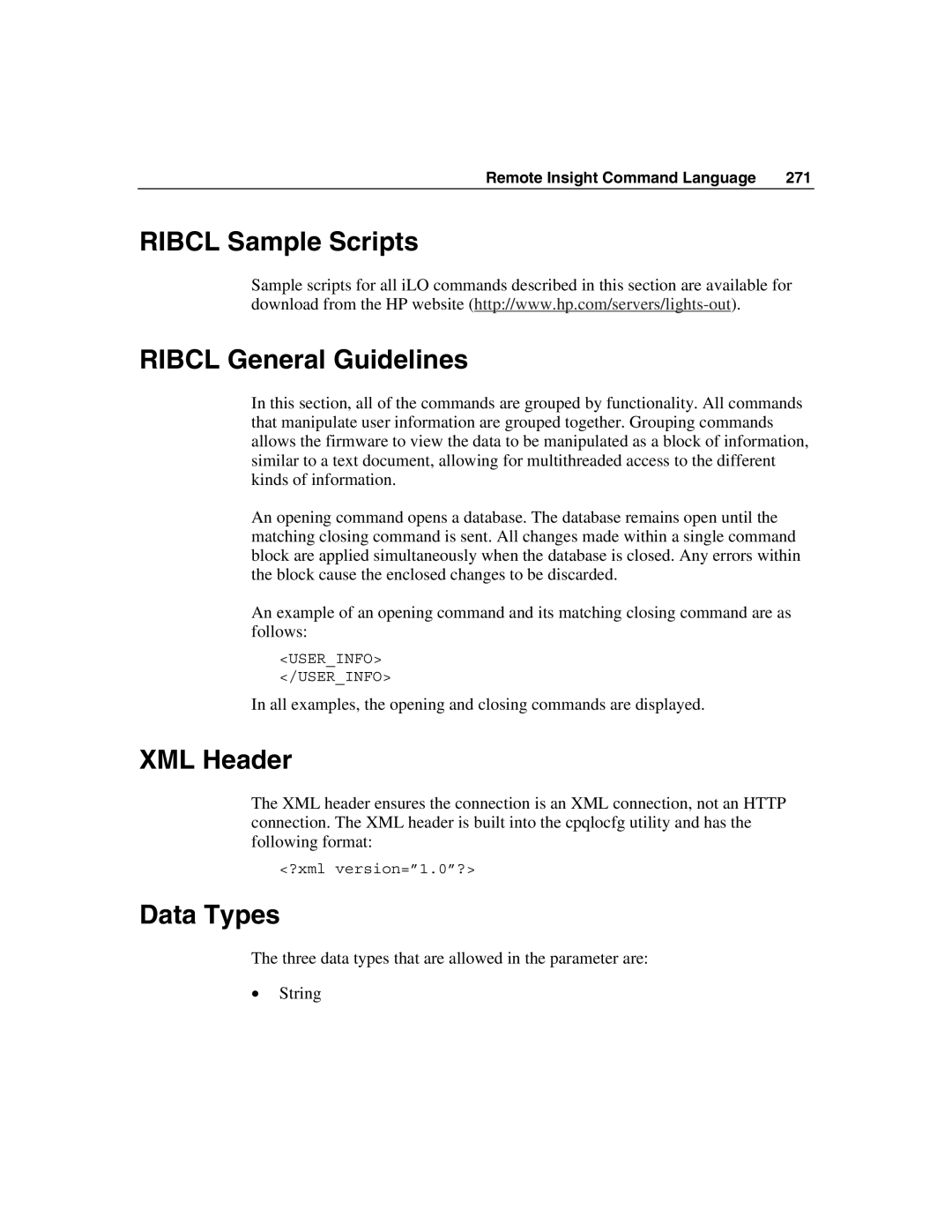 HP Integrated Lights-Out manual Ribcl Sample Scripts Ribcl General Guidelines, XML Header, Data Types 