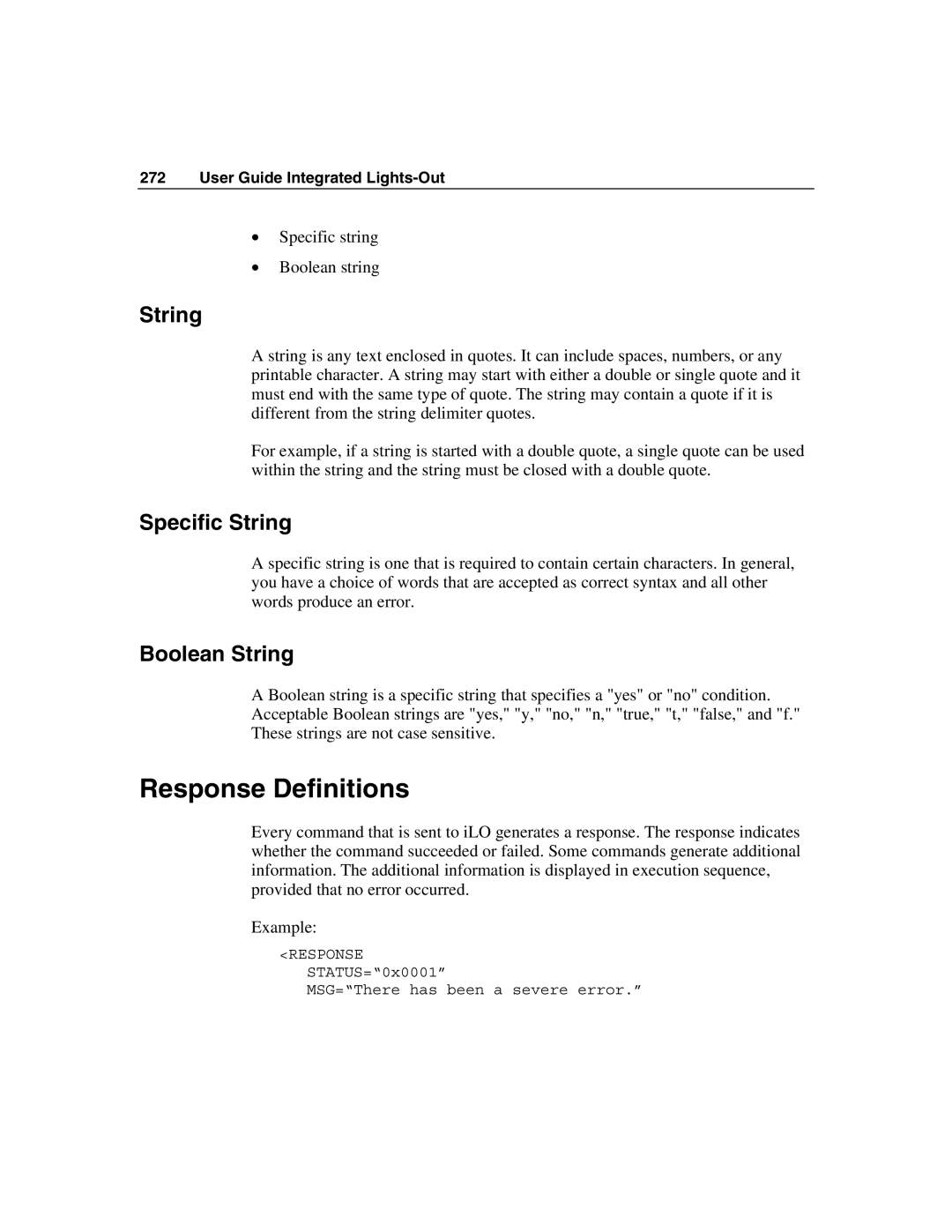 HP Integrated Lights-Out manual Response Definitions, Specific String, Boolean String 