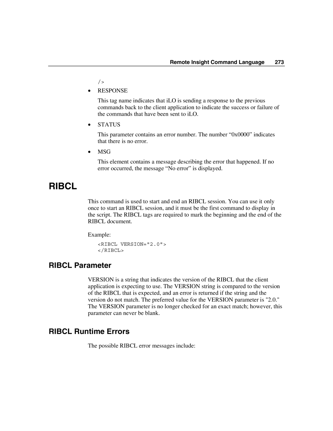 HP Integrated Lights-Out manual Ribcl Parameter, Ribcl Runtime Errors 