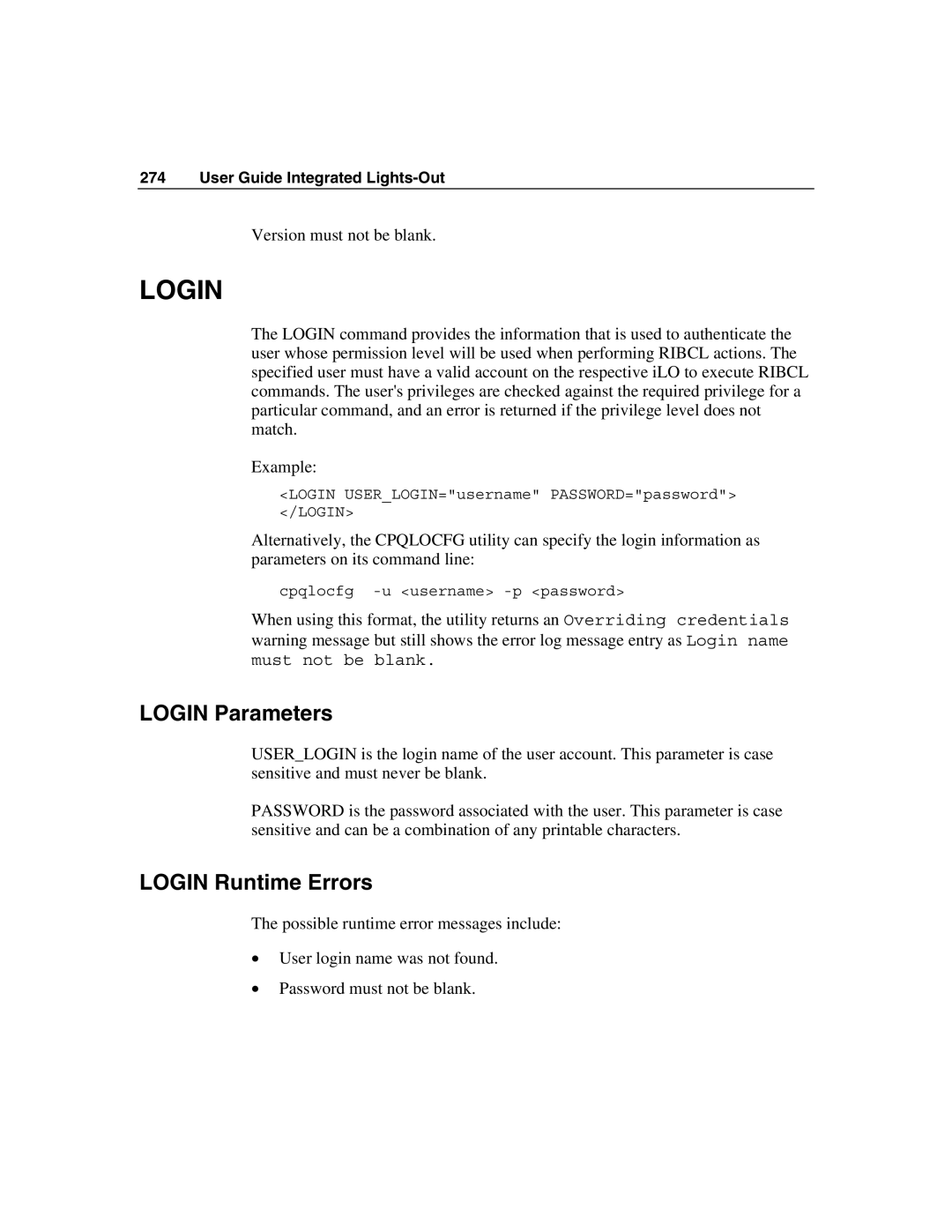 HP Integrated Lights-Out manual Login Parameters, Login Runtime Errors 