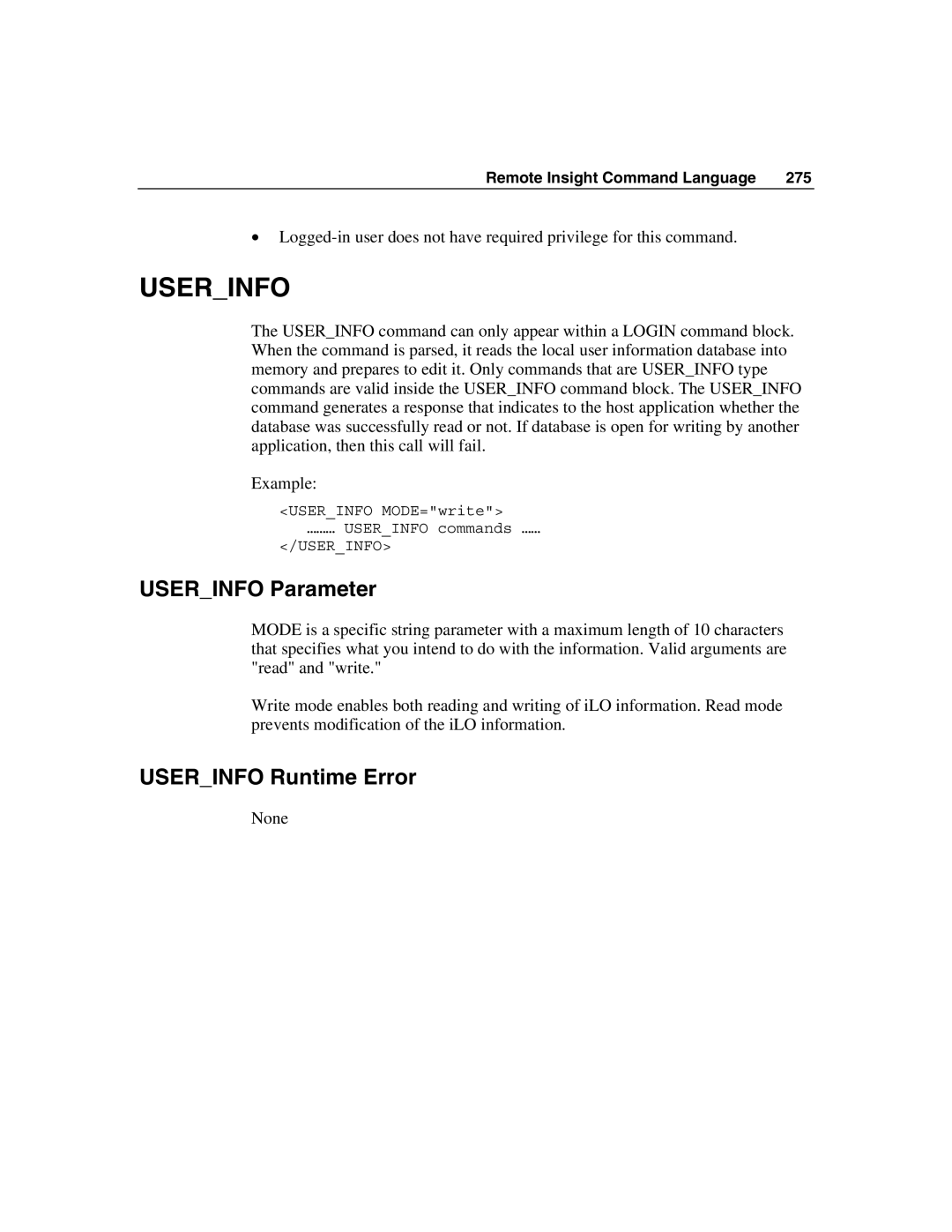 HP Integrated Lights-Out manual Userinfo Parameter, Userinfo Runtime Error 