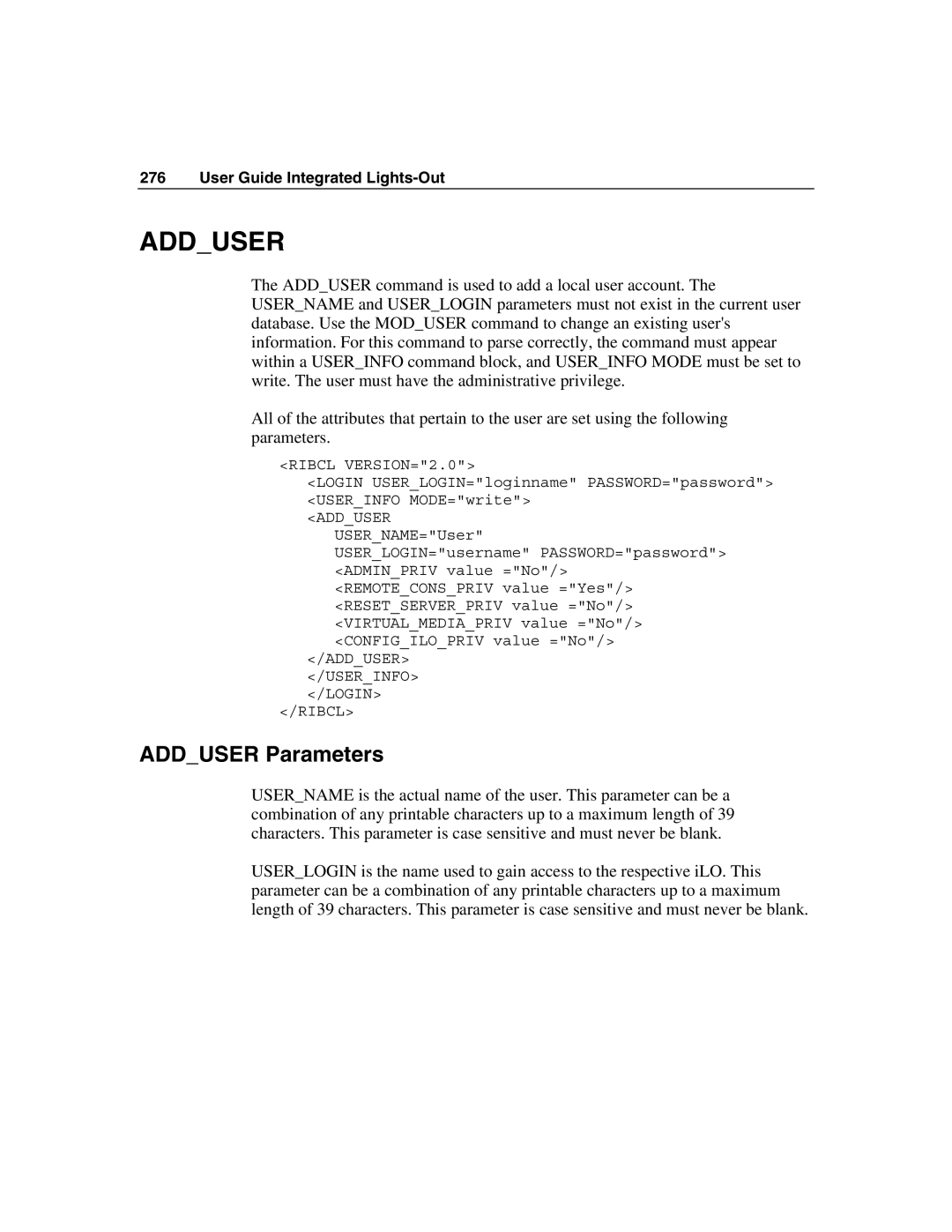 HP Integrated Lights-Out manual Adduser Parameters 