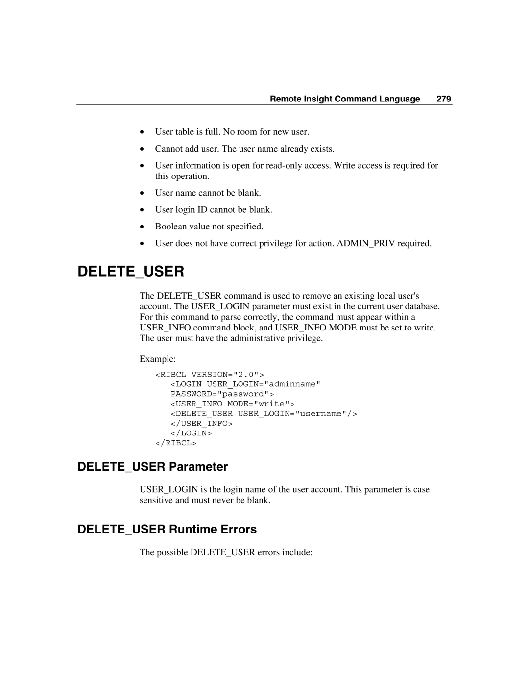 HP Integrated Lights-Out manual Deleteuser Parameter, Deleteuser Runtime Errors 