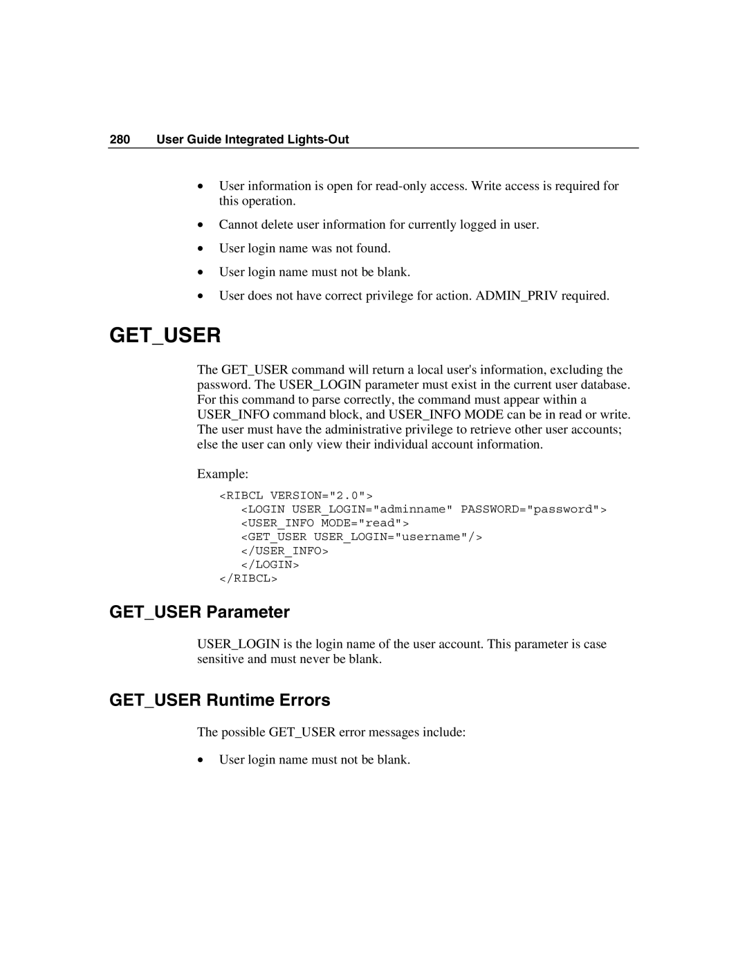 HP Integrated Lights-Out manual Getuser Parameter, Getuser Runtime Errors 