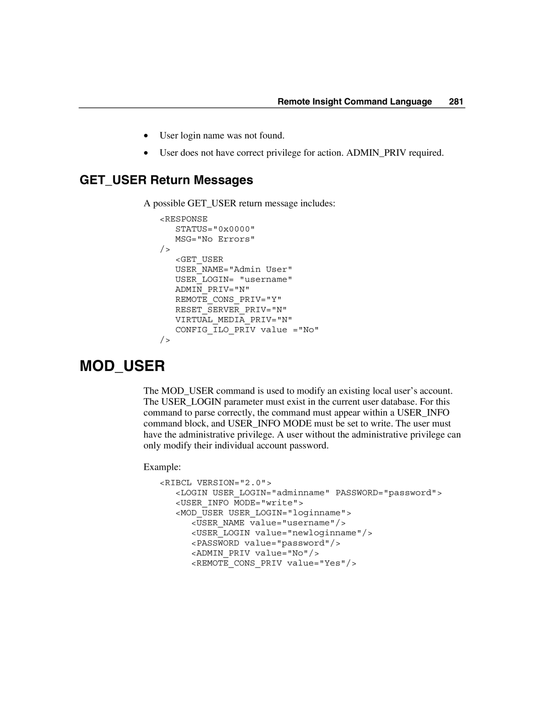 HP Integrated Lights-Out manual Moduser, Getuser Return Messages 