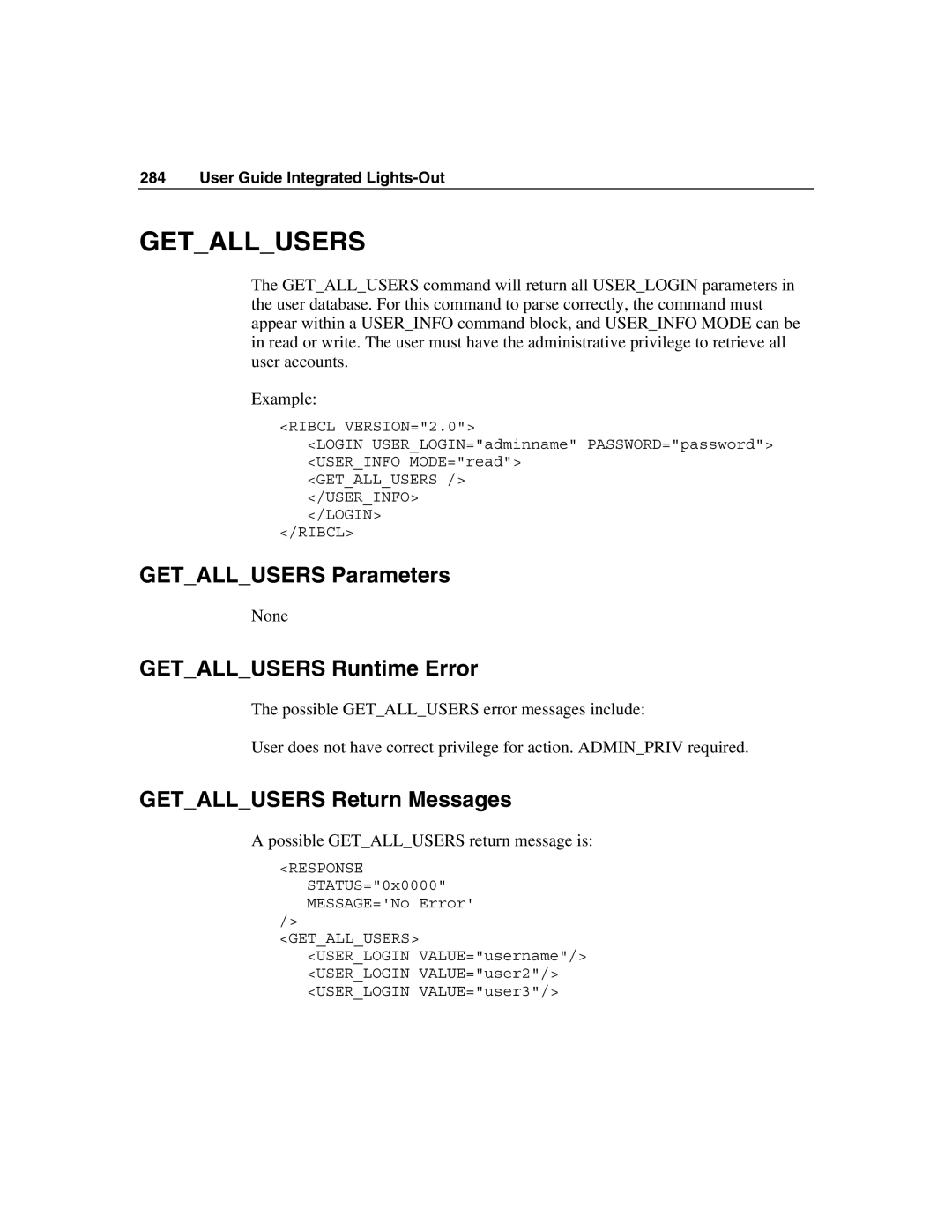 HP Integrated Lights-Out manual Getallusers Parameters, Getallusers Runtime Error, Getallusers Return Messages 