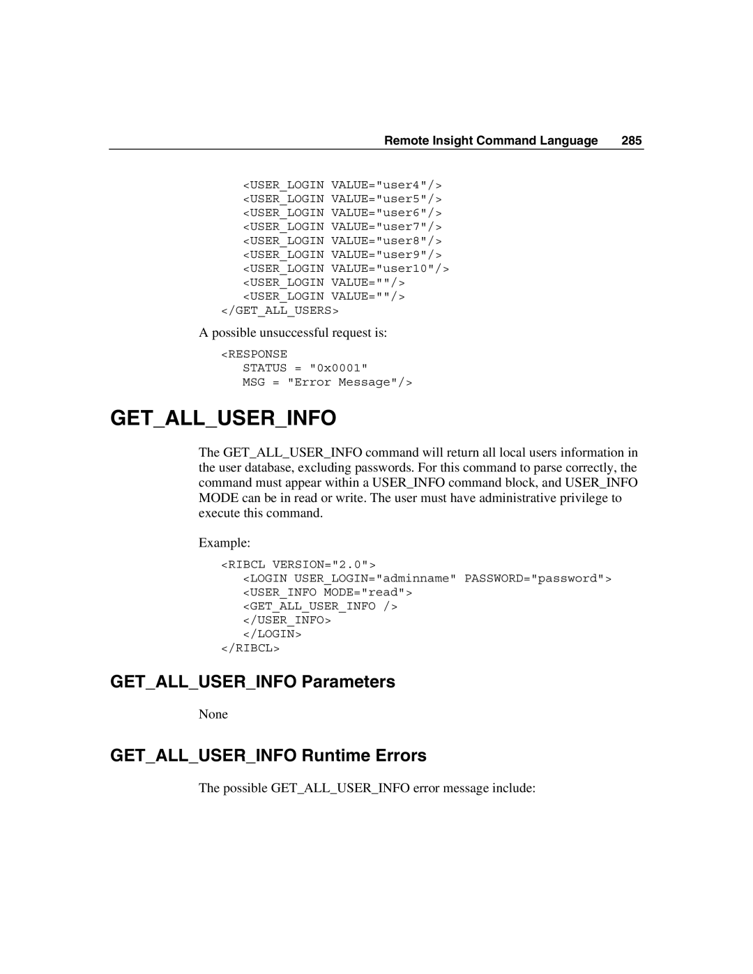 HP Integrated Lights-Out manual Getalluserinfo Parameters, Getalluserinfo Runtime Errors 