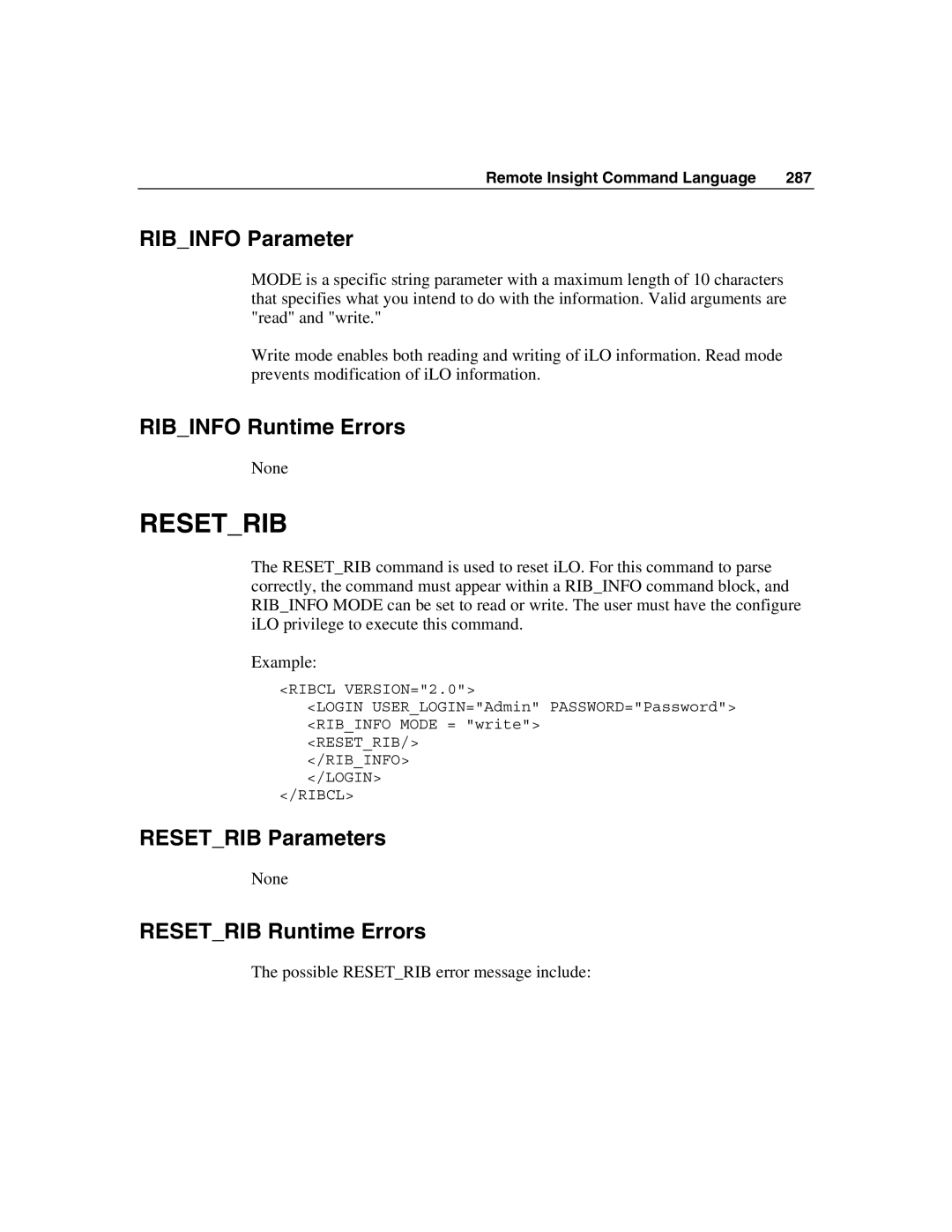 HP Integrated Lights-Out manual Ribinfo Parameter, Ribinfo Runtime Errors, Resetrib Parameters, Resetrib Runtime Errors 