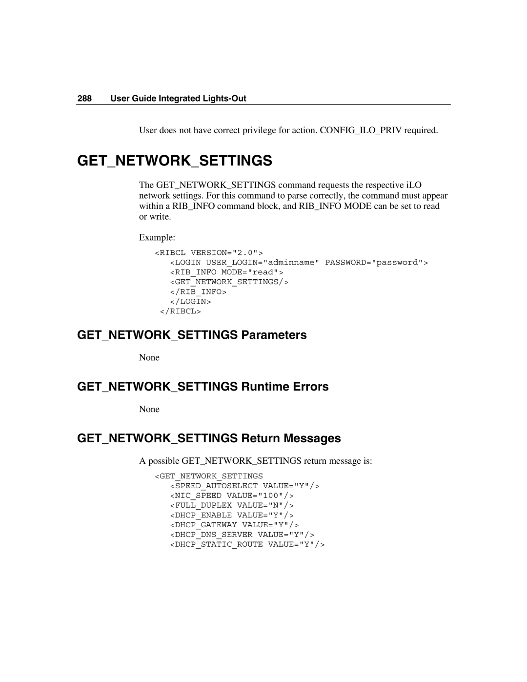 HP Integrated Lights-Out manual Getnetworksettings Parameters, Getnetworksettings Runtime Errors 