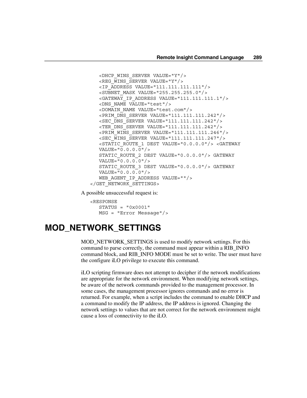 HP Integrated Lights-Out manual Modnetworksettings, Dhcpwinsserver VALUE=Y Regwinsserver VALUE=Y 