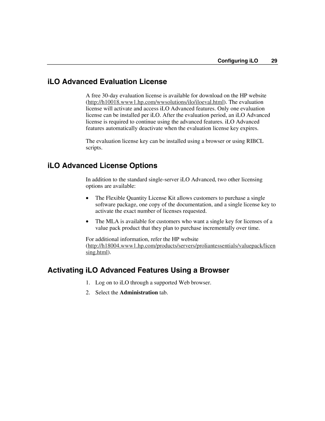 HP Integrated Lights-Out manual ILO Advanced Evaluation License, ILO Advanced License Options 