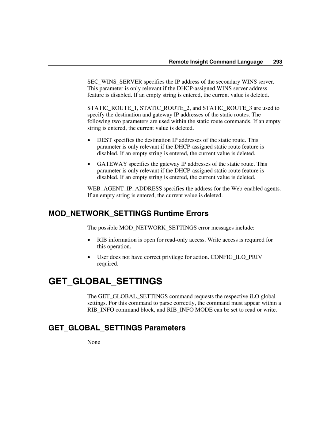 HP Integrated Lights-Out manual Modnetworksettings Runtime Errors, Getglobalsettings Parameters 