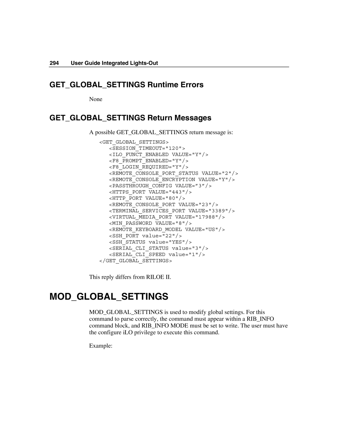 HP Integrated Lights-Out manual Modglobalsettings, Getglobalsettings Runtime Errors, Getglobalsettings Return Messages 