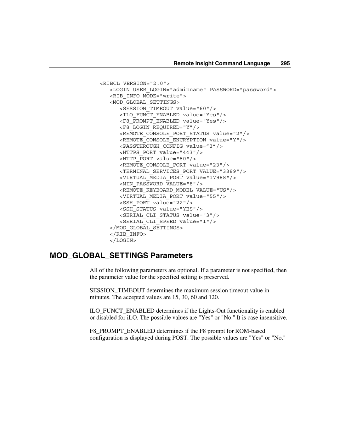 HP Integrated Lights-Out manual Modglobalsettings Parameters 