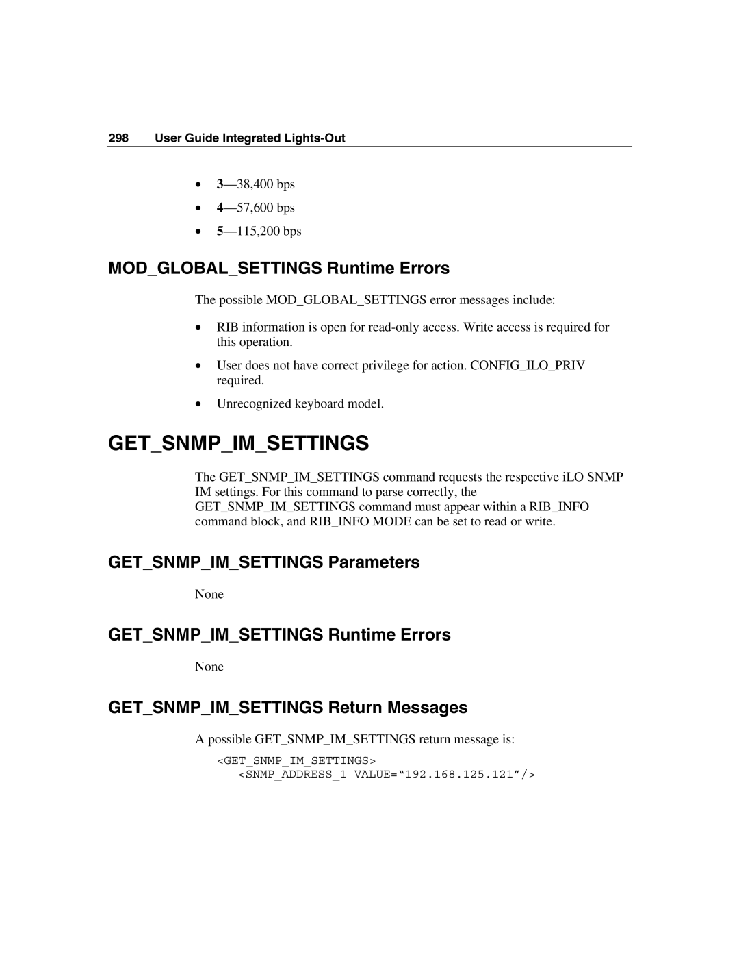 HP Integrated Lights-Out manual Modglobalsettings Runtime Errors, Getsnmpimsettings Parameters 