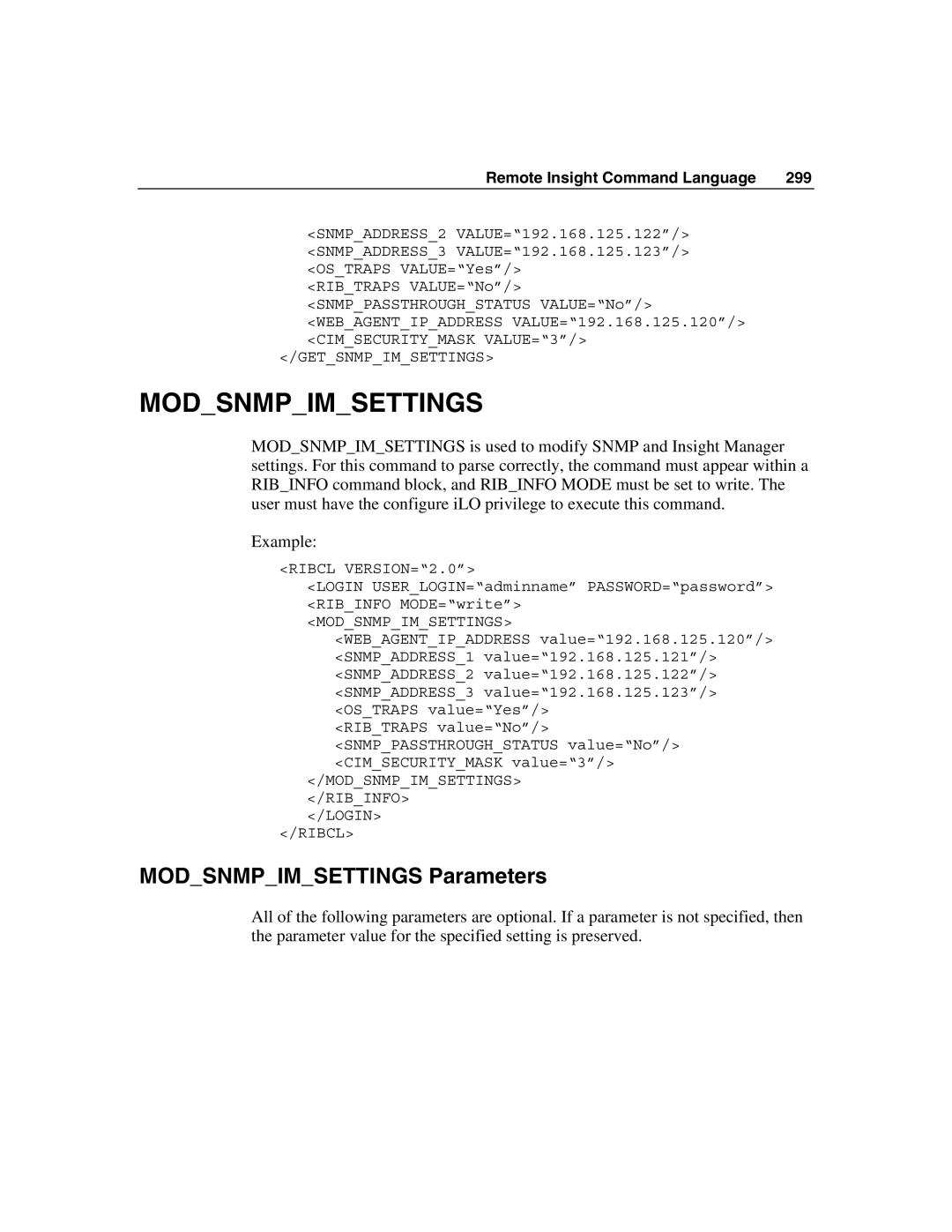 HP Integrated Lights-Out manual Modsnmpimsettings Parameters 