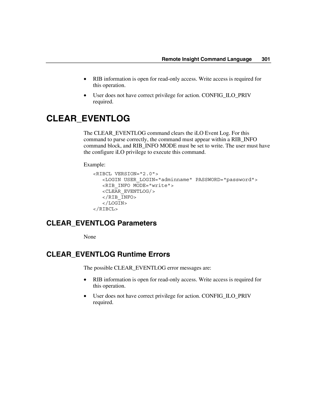 HP Integrated Lights-Out manual Cleareventlog Parameters, Cleareventlog Runtime Errors 