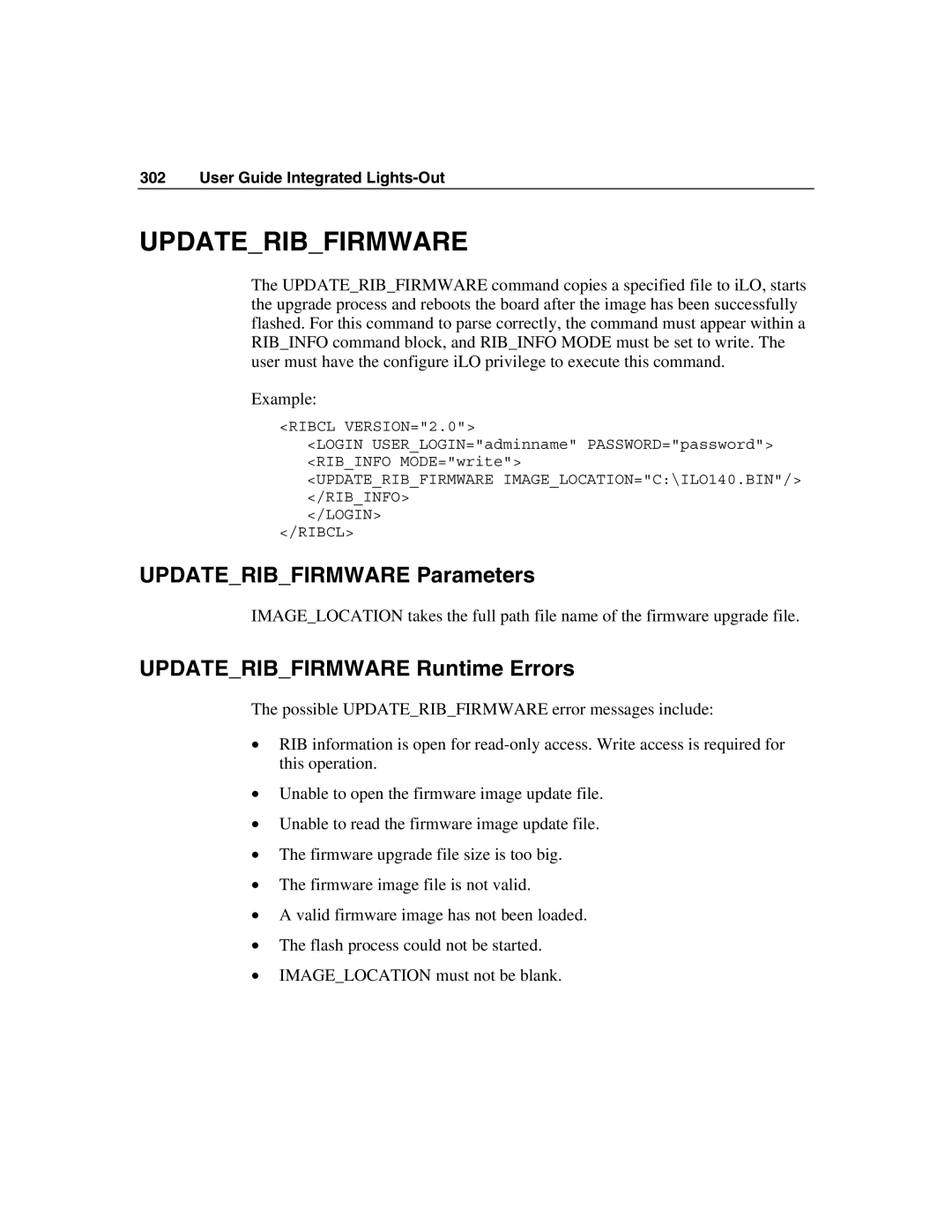 HP Integrated Lights-Out manual Updateribfirmware Parameters, Updateribfirmware Runtime Errors 