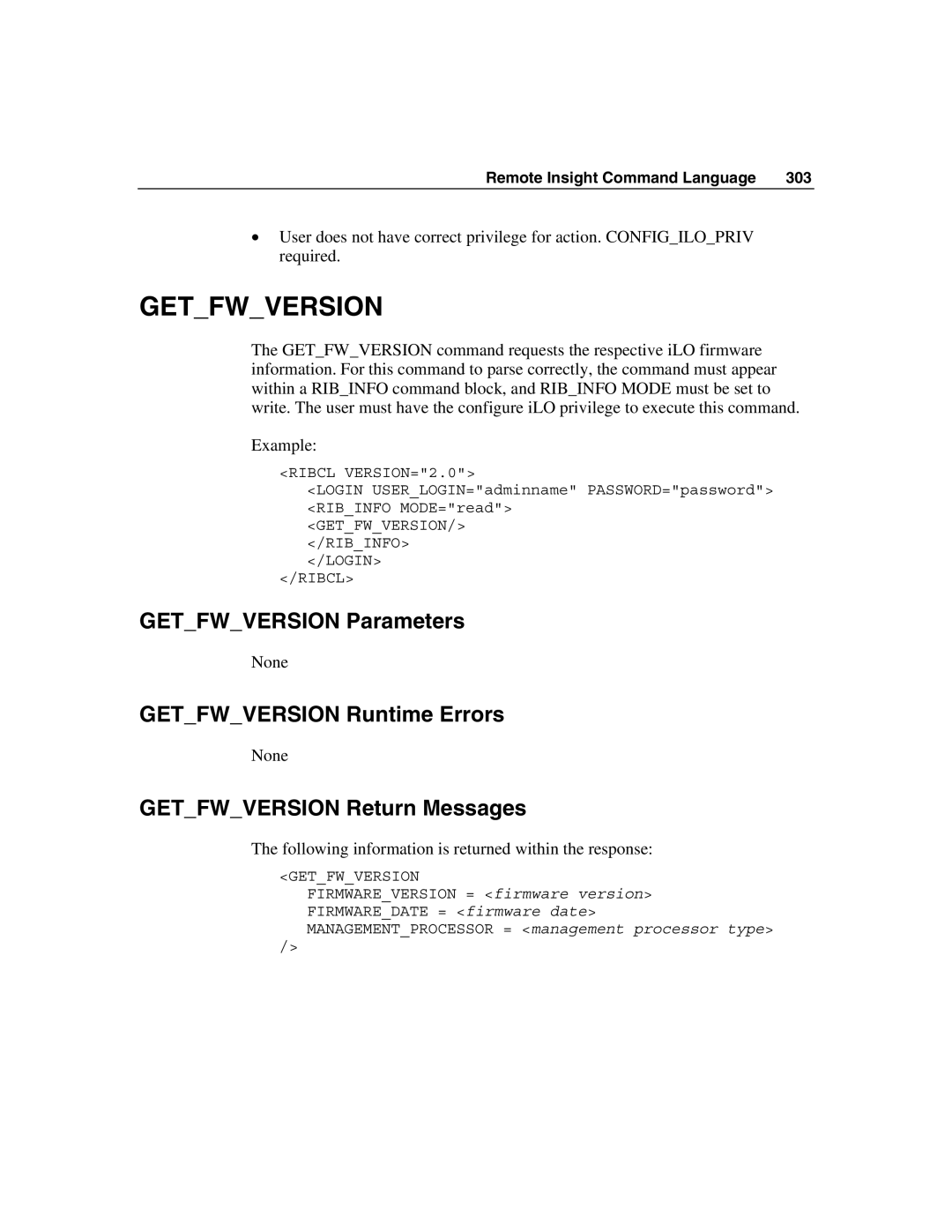 HP Integrated Lights-Out manual Getfwversion Parameters, Getfwversion Runtime Errors, Getfwversion Return Messages 