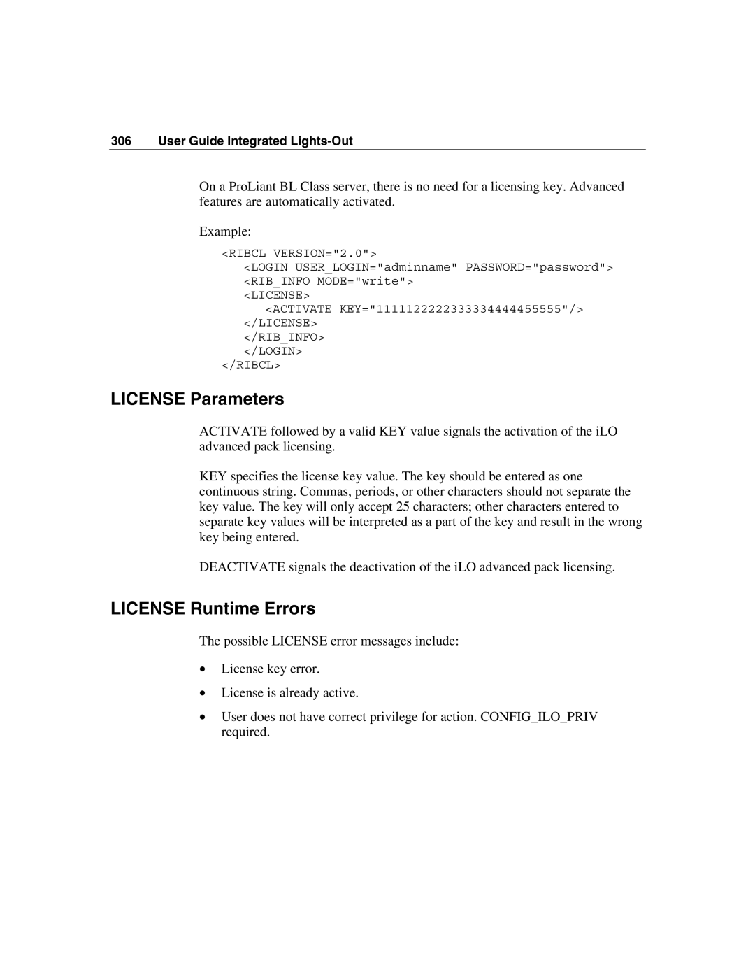 HP Integrated Lights-Out manual License Parameters, License Runtime Errors 