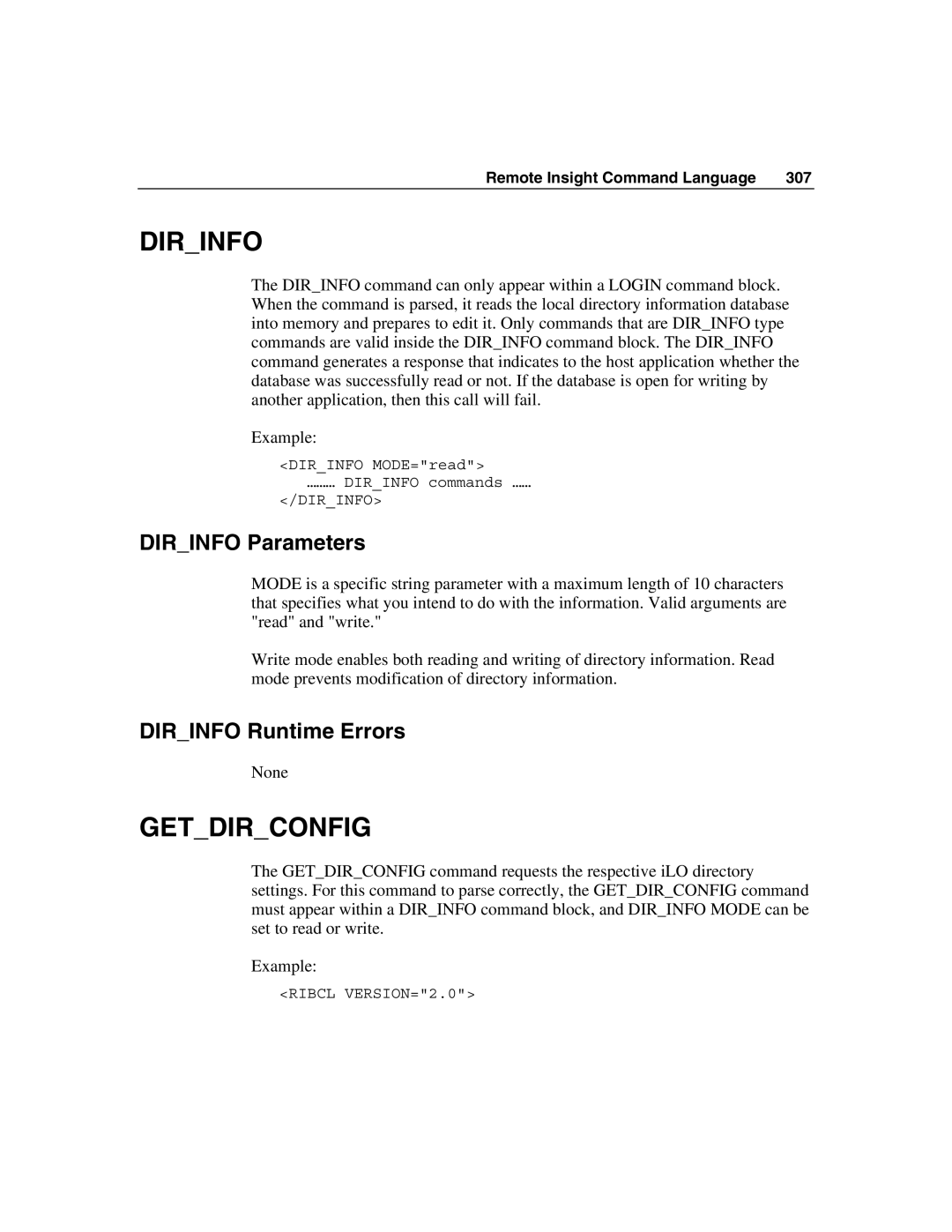 HP Integrated Lights-Out manual Getdirconfig, Dirinfo Parameters, Dirinfo Runtime Errors 