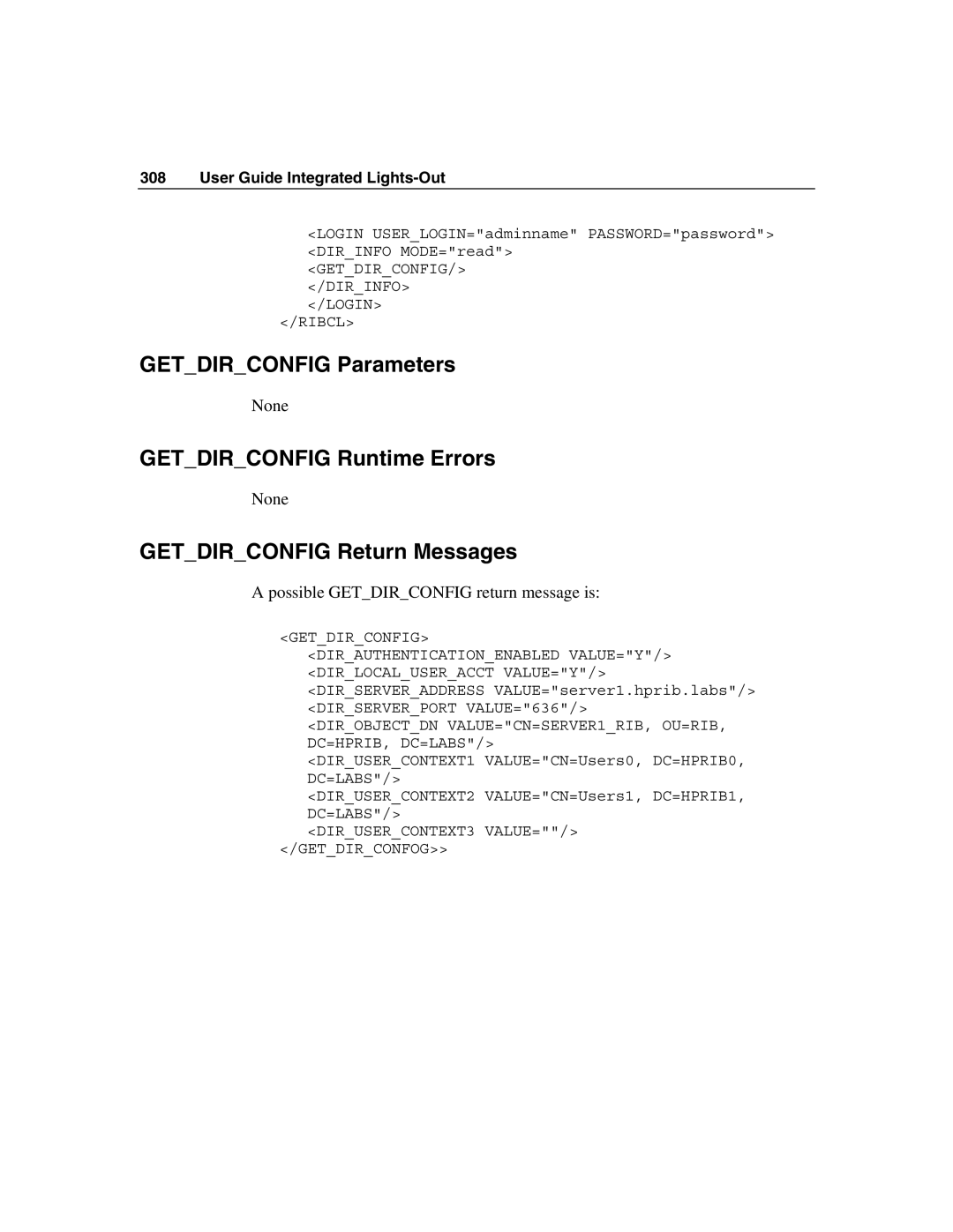 HP Integrated Lights-Out manual Getdirconfig Parameters, Getdirconfig Runtime Errors, Getdirconfig Return Messages 