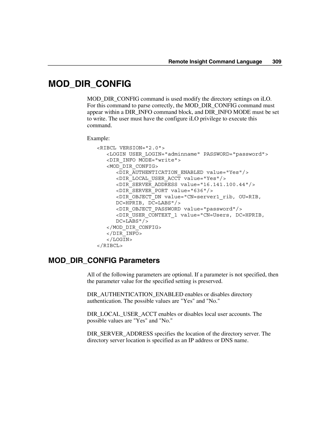 HP Integrated Lights-Out manual Moddirconfig Parameters 