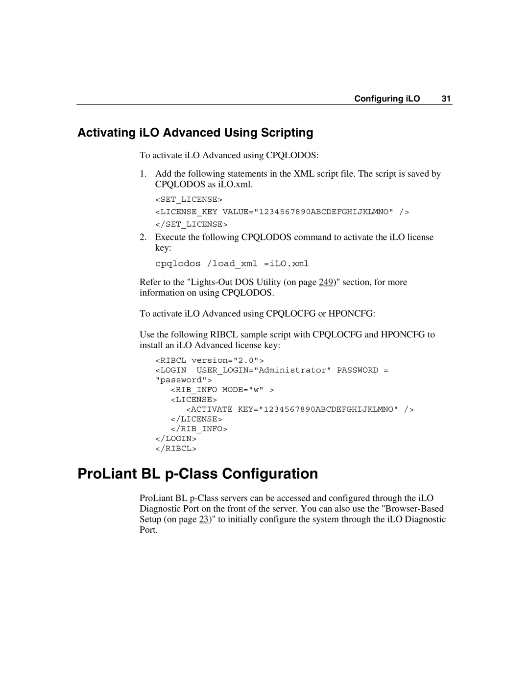 HP Integrated Lights-Out manual ProLiant BL p-Class Configuration, Activating iLO Advanced Using Scripting 