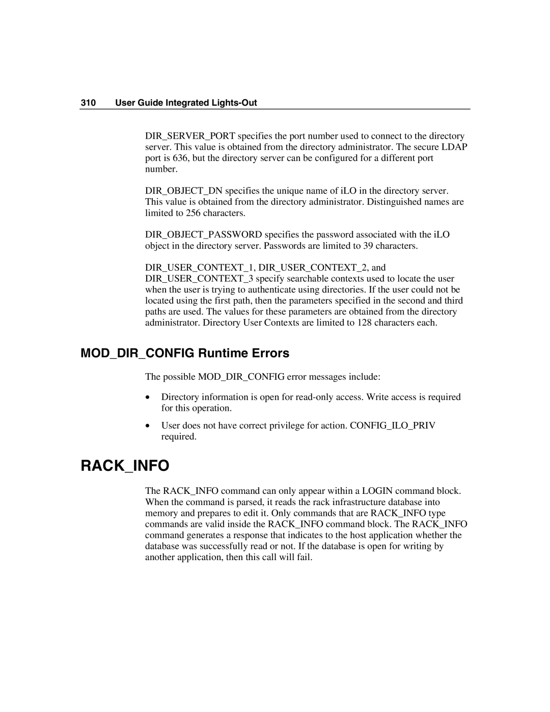 HP Integrated Lights-Out manual Rackinfo, Moddirconfig Runtime Errors 